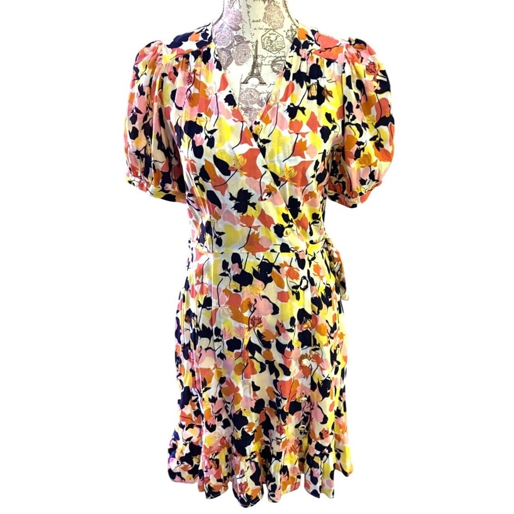 NWT FRNCH Paris Floral Wrap Midi Dress Sz‎ XS Puff Sleeve Fit Flare Multicolor
